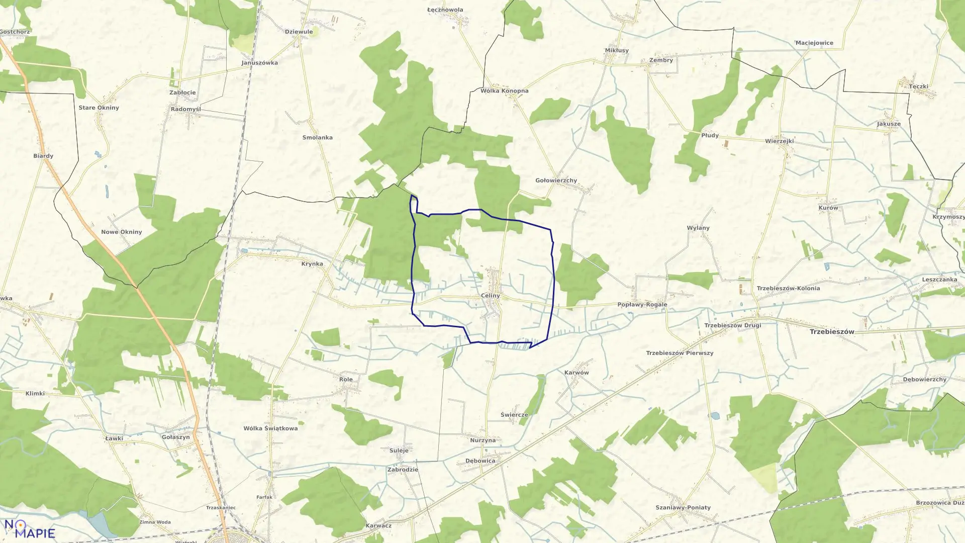 Mapa obrębu CELINY w gminie Trzebieszów